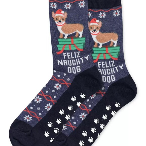 Feliz Naughty Dog Hot Sox Womens Non-Skid Crew Socks CORGI Holiday Size 9-11 - Picture 1 of 5